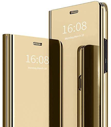 MadBee for iPhone XR Case [with Screen Protector Full Coverage Flexible Film], Electroplate Plating Kickstand Case Smart Clear View Cover for iPhone XR 6.1(Gold)