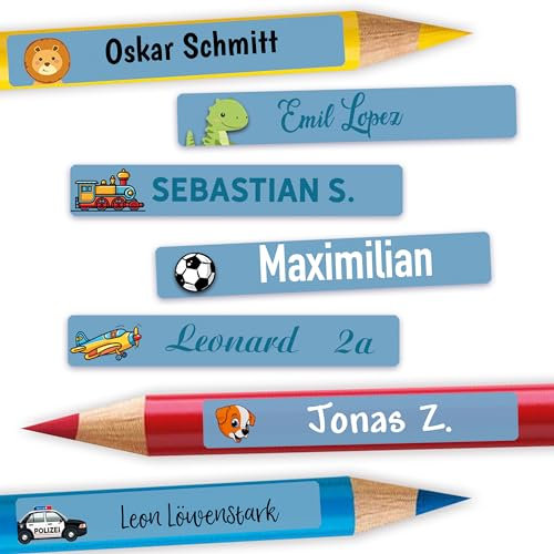 Sunnywall® Namensaufkleber Kinder – Stifteaufkleber personalisiert für Schule & Kita, ideal für Stifte & Schulsachen, wasserfest & spülmaschinenfest, starker Halt (Blau)