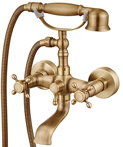 ORLEIMI Wall Mount Antique Brass Bathtub Faucet with Hand Shower Sprayer Bathroom Tub Faucet Double Cross Handle Telephone Shaped Handheld Sprayer Shower Set Mixer Tap Vintage