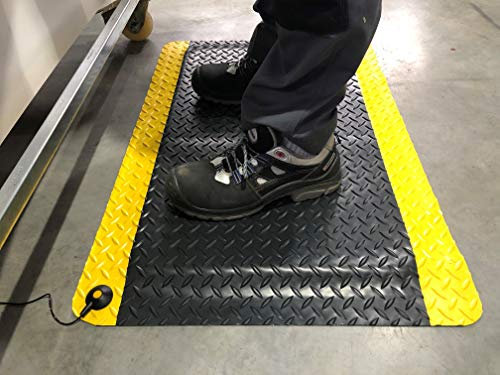 Duplex Pro ESD | ESD-Arbeitsplatzmatte mit 2 x Druckknopf + Erdungskabel |2-lagig + leitfähig | Made in Germany | Rautenprofil |14 mm hoch (90cm x 120cm, Schwarz/Gelb)