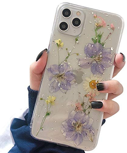 Tybiky Compatible with iPhone 8 Plus Case, Dried Flowers Shiny Bling Glitter Mobile Phone Case for iPhone 7 Plus Case Silicone Protective Case Soft Clear Bumper Back Case Cover 3 Purple 1 White