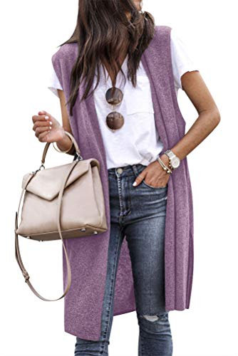 Dresswel Cardigan da donna senza maniche drappeggiato davanti aperto lungo gilet giacca gilet cappotto, 1 viola., S