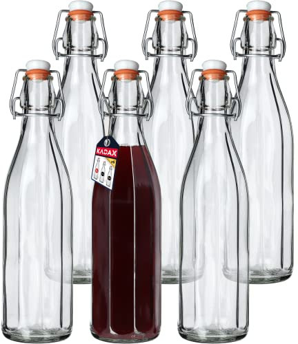KADAX Bouteille en Verre de 1L avec Bouchon Hermétique pour la Conservation des Boissons, Parfaite pour le Kombucha et la Limonade (Lot de 6)