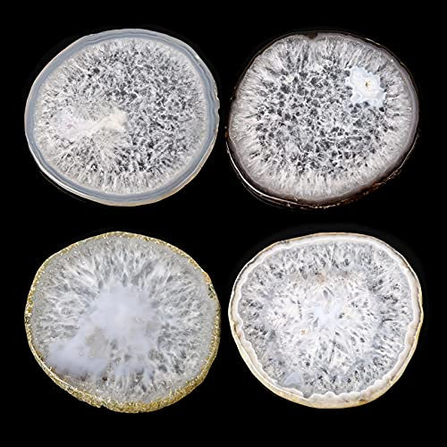 FOLKOR LIFE Untersetzer aus natürlichem Achat, 4 Stück, 8.9–10.2 cm, kristalline Geode, Stein-Untersetzer für Getränke, Couchtisch, Dekoration, Achat, Scheiben, Glas, Einweihung, Geburtstagsgeschenk.
