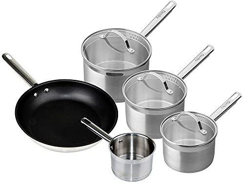 Denby Stainless Steel 5-Piece Pan Set - Includes 14cm Milk Pan, 16cm & 18cm Saucepans, 20cm Saucepan, 24cm Open Fry Pan (No Lid) - Dishwasher Safe