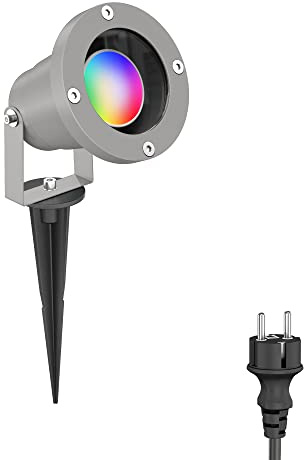 ledscom.de Gartenstrahler DUK mit Erdspieß für außen, IP65, Stecker, grau, inkl. Smart Home RGBW GU10 LED Lampe 473lm