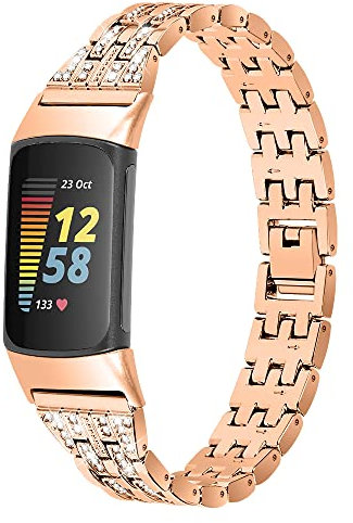 Gimuk Compatible with Fitbit Charge 5 Strap Stainless Steel Metal Bling Rhinestone Sport Replacement Wrist Strap Wristband Bracelet for Fitbit Charge 5 Silver Rose Gold Black (Rose Gold)