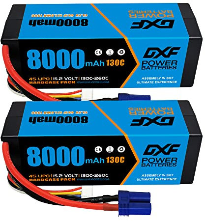 DXF 2 Paquets Batterie lipo 4s Haute Performance pour modèles rc - lipo 4s 8000mah 15.2v 130c - Compatible Slash, emaxx,rustler, Stampede, hpi, kyosho, axial,ecx - Batterie lipo 4s pour Une Puissance