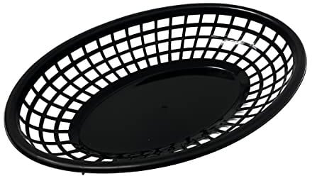HTUK Fast Food Basket Reusable Plastic Food Baskets Fries Burger Baskets Bread Storage Oval Fruit Basket Deli Baskets Plastic Food Serving Trays Picnic Classic Pack Of 6 (Black 23cm x 15cm)