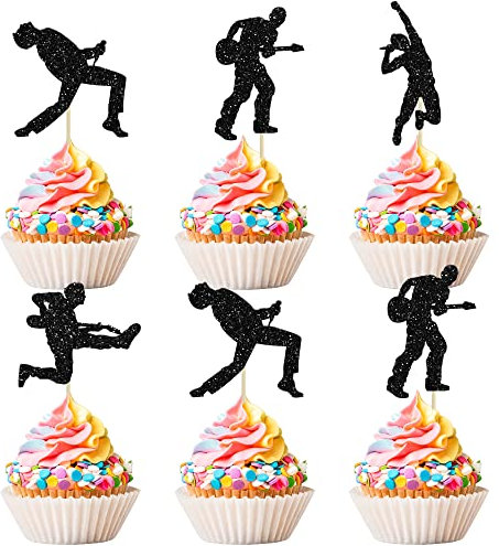 24 Stück Rock Band Cupcake Toppers Schwarz Glitzer Rock Musik Thema Kuchen Topper Dekorationen für Musik Konzert Thema Geburtstag Party Kuchen Dekorationen Zubehör