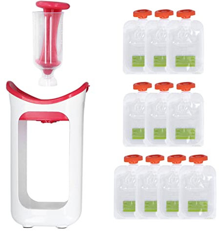 Babynahrungszubereiter Püreepresse Tragbarer Babynahrungsbehälter Infantino Squeeze Station Silikon Manuelle Baby FPuree Squeezerood Processor für hausgemachte halbfeste Lebensmittel(Rot)