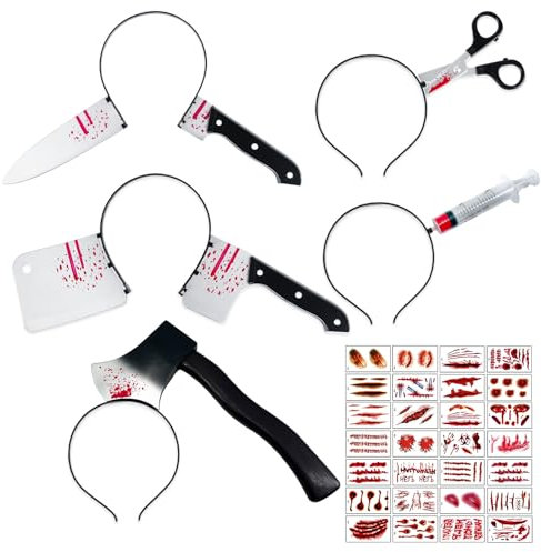 ROSAUI Messer im Kopf, 5X Halloween Haarreif, Halloween Haarschmuck für Damen, 30X Narben Halloween Tattoos gruselige Mädchen, Halloween Kostüm Accessoire für Herren bei der Halloween Party