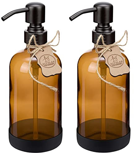 ALTGLAS Seifenspender 'Sarajevo' - Doppel Set Dusch Spender aus Braun Glas Flasche mit Silikon Untersetzer und 304 Edelstahl Pumpkopf in Matt-Schwarz (2 Stück a 500 ml)