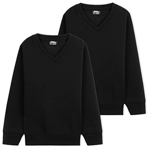 CityComfort Boys V Neck Sweatshirt with Long Cuffed Sleeves (Black - 2 Pack, 9-10 Years)