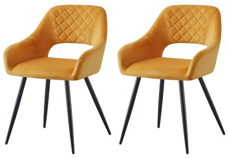 JaHECOME Samt Esszimmerstuhl, Sessel, Wohnzimmerstuhl, Farbe wählbar, modernes Design, gepolsterter Sitz mit offener Rückenlehne, Schwarze Metallbeine für Küche, Schlafzimmer, Esszimmer (2, gelb)