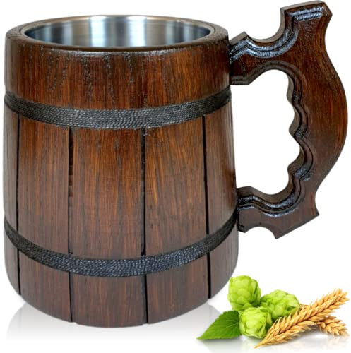 OSTENTO Bierkrug Holz 0,5 L - Handgefertigter Bierkrug aus Eichenholz mit Edelstahl Becher | Großer Becher für Bier, Kalte und Heiße Getränke / Perfekte Geschenke - Made in EU (Celtic)