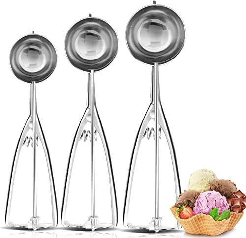 Eisportionierer Eislöffel, 3 Stück Edelstahl Cookie Scoop Set, Klein 4cm, Mittel 5cm, Groß 6cm, Keksportionierer Speiseeislöffel, Eiscremelöffel mit Auslöser für Obst Eiscreme Plätzchen Teig