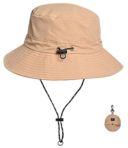 WANYI Unisex Fischerhut Heren Sommer mit Schnur Abnehmbar Sonnenhut Damen Faltbar UV Schutz Sommerhut Anglerhut Wasserdicht Tragbar Bucket Hat Regenhut 55-58cm (Khaki)