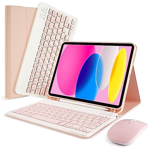 LAMA Étui avec clavier et souris pour iPad 10e génération 11 2022 (A2696/A2757/A2777), coque de protection fine avec clavier Bluetooth sans fil amovible et porte-crayon pour iPad 10e génération, PK