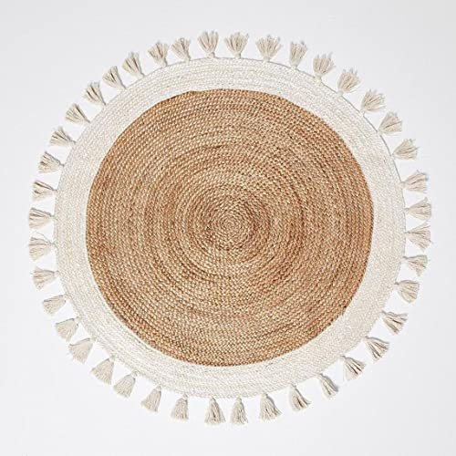 THE PIKKU INTERNATIONAL - Tapis rond en jute tissé à la main beige et blanc avec motif bordure Tussle (0,9 x 0,9 m)