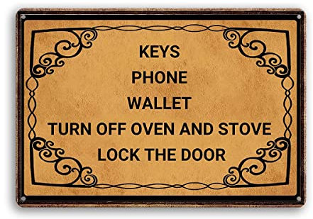 Vintage Funny Novelty Metal Sign Creative Tin Sign Keys Phone Wallet Turn Off Oven And Stove Lock The Door Metal Tin Sign Wall Art Home Decor Kitchen Poster Cafe Pub Plaque 5.5x8inch