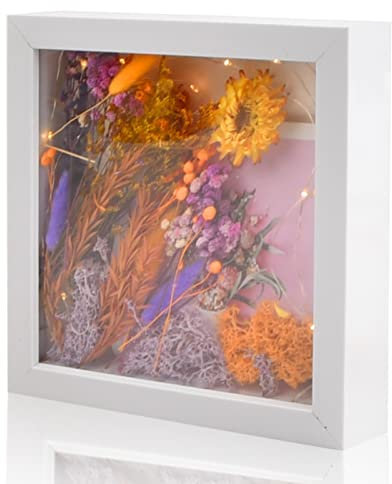3D Bilderrahmen zum Befüllen, Bilderrahmen Tief 20x20 cm für Objekt bis 3cm,Objektrahmen mit bruchsicherem Acrylglas,3D Rahmen für Deko Wand/Geschenk,mit 3M Led Lichterkette (20x20cm Weiß)