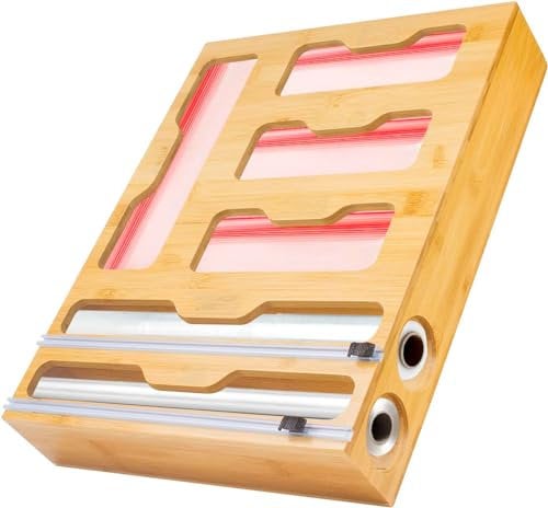 LudoHome Dispensador Papel Aluminio y Film de Bambú con cortador, Organizador de Bolsas de congelar, Organizador 6 en 1 para cocina, 4 huecos para bolsas Zip y 2 cortadores para Film y aluminio