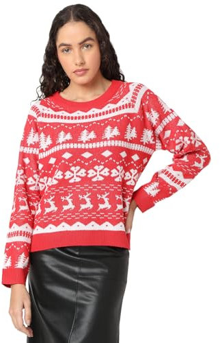 VERO MODA Vmfrosty Iceberry Ls Pull à col Haut Xmas Tricot, Rouge Chinois/détail : Bouleau, XL Femme