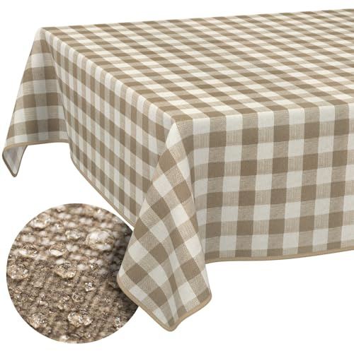 Tischdecke Stoff abwaschbar Tischtuch Tafeldecke pflegeleicht Lotuseffekt schmutz- & wasserabweisend für Indoor Outdoor Tischdecke 180x140cm mit Saum (Eingefasst) Karo Beige