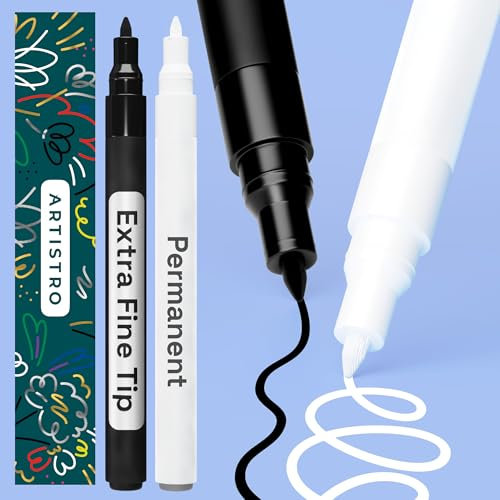 ARTISTRO Black & White Permanent Marker, Set of 2 Black & White Paint Pen,Oil Based Paint Markers Extra-Fine Tip 0.7mm Waterproof Paint Pens for Rock Painting, Ceramic, Glass, Wood, Fabric, Tire&More