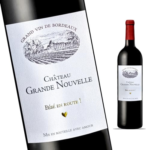 Etiquette Bouteille de Vin Bordeaux d'annonce de Grossesse - Château Grande Nouvelle I Annonce future naissance pour Papy - Mamie - Tonton - Tata - Famille - Amis