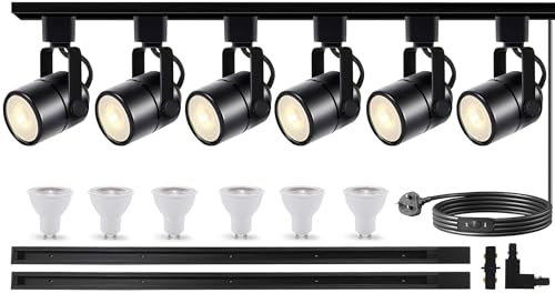 Bravsekai Advanced LED Track Lighting Kit with Replaceable GU10 Bulbs, 6-Lights Dimmable Track Lights with 2x1m H Type Track Rails, 10W 6000K Cool White Indoor Ceiling Spotlight Fixture for Any Space