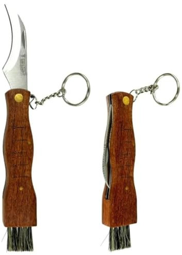 acquaverde | Coltello per Raccolta Funghi, Richiudibile, Lama in Acciaio Inox, Manico in Legno, Dotato di Spazzola in Setola di Cinghiale e Gancetto - cm. 21x2x2