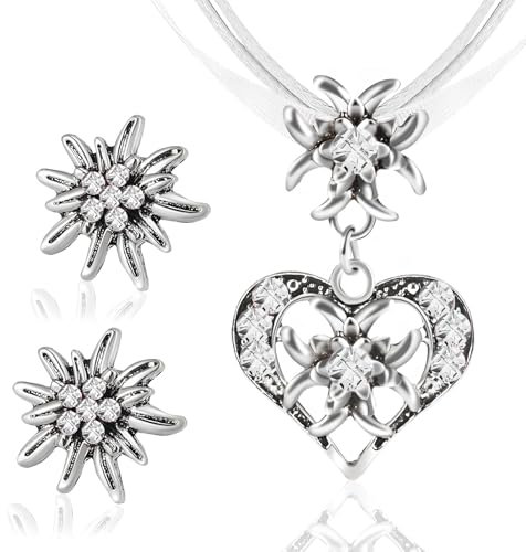 3 Stück Trachtenschmuck Damen Set, Trachtenkette Damen Oktoberfest Damen, Bayerisch Dirndlschmuck Trachtenkette, Damen Oktoberfest Accessoires Kette Schmuck mit Herz Anhänger und Ohrstecker (weiß)