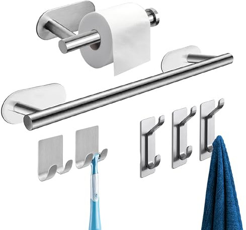 VOIVITA Accesorios Baño sin Taladro - Toallero Adhesivo Baño, Portarollos Papel Higienico Adhesivo, Ganchos Adhesivos para Pared, Baño Accesorios Toallero Lateral Mueble de Baño en Color Gris