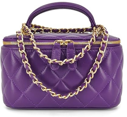 M-ioi-M Kleine Geldbörse aus echtem Leder, gesteppt, Crossbody-Tasche für Damen, Mini-Handtasche mit Tragegriff oben und goldfarbenem Kettenriemen, Violett, Small