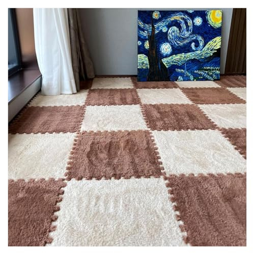 soft mats, 100 Pcs Soft Plush Puzzle Interlocking Carpet Tiles,Foam Jigsaw Floor Mat Rugs,Play Mat For Living Room,12X12 Inch(Apricot+coffee,0.23 inch)