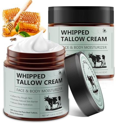 Beef Tallow für Haut, 2PCS Beef Tallow Creme für Gesicht (120g), Bio Gras Fed Beef Tallow mit Honig, Tief Feuchtigkeitsspendend für Gesicht und Körper, Schnelle Absorption, Nicht Parfümiert