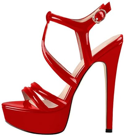 MissHeel Platform Stiletto Heels Ankle Sandals for Women T-strap Buckle up Open-back High Heel Summer Sandals Red Size 12
