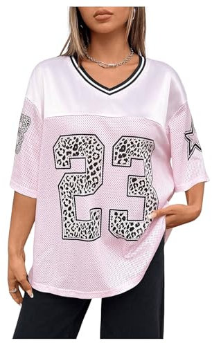 GORGLITTER Women's Jersey Shirts Oversized Letter Graphic T Shirts V Neck Half Sleeve Streetwear Tops Pink L