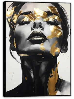 RXNHGJDS Frauengesicht mit goldenem Porträt Poster Leinwandgemälde moderne abstrakte Wandkunst Bilder für Wohnzimmer Heimdekoration 85x60 cm(33x24in) schwarz gerahmt