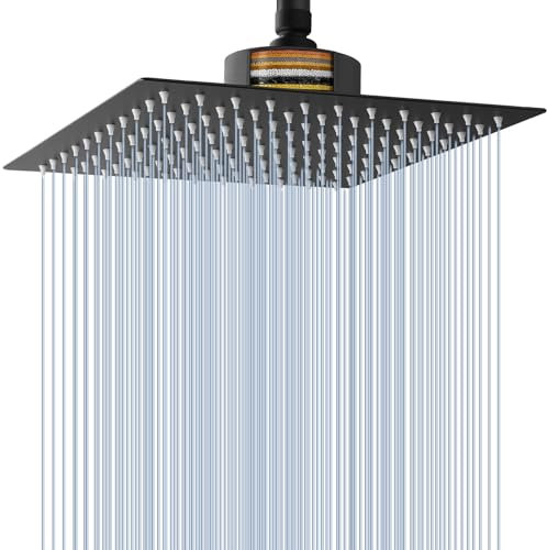 Voolan Soffione Doccia a Pioggia con Filtro, Soffione Doccia a Pioggia Grande ad Alto Flusso in Acciaio Inossidabile, Filtro per Soffione Doccia a Cascata per Acqua Dura (25cm Nero)
