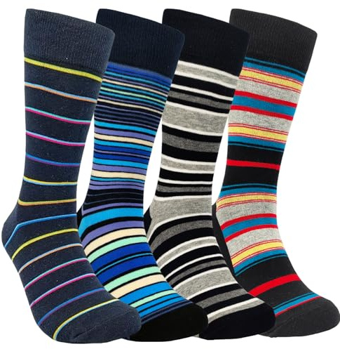 HSELL Funny Mens Colorful Dress Socks Crazy Design Striped Funky Pattern Cotton Socks for Men Gfits (4 Pairs - Striped Assorted)