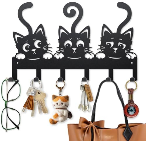MAYJOYDIY Schlüsselbrett Zur Wandmontage Mit Drei Kätzchen 40×25cm Tiermotiv Handtuchhaken Aus Metall Kleiderbügel Mit 6 Haken Kätzchen Dekoratives Schlüsselbrett Für Eingangsbereich Flur Küche Büro