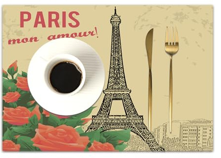 DASNK 4er Set Platzsets 30x45cmRutschfest Abwaschbar Tischmatten PVC Abgrifffeste Hitzebeständig Tischsets,Platz-Matten für küche,Paris, Paris-Illustration im Vintage-Stil mit nostalgischen Rosen und