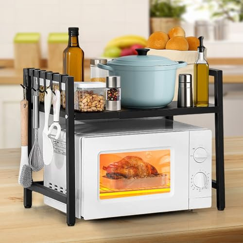 VINATO Soporte Extensible para Microondas, Soporte de Cocina en Acero, 50kg Capacidad, con Ganchos, para Horno y Electrodomésticos (40-64cm Ajustable)
