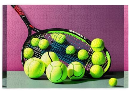 Jigsaw Puzzles1000 Piece Mjhkxlj Funny Tennis Racquets and Tennis Balls Picture Quality Wooden Puzzle for Adults and Kids, Fun Puzzles, Stress Relieving Puzzles