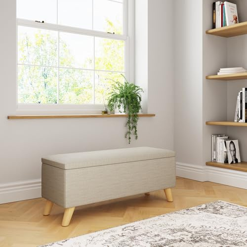 GFW Secreto Ottoman Storage Bench in Natural Fabric, Upholstered Footstool with Wooden Legs & Hidden Storage