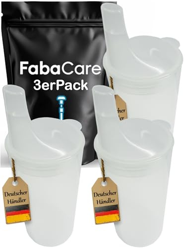 FabaCare 3x Trinkbecher jeweils zwei Deckeln, Schnabeltasse, Becher für Senioren, Easy To Clean Spezialversiegelung, Transparent