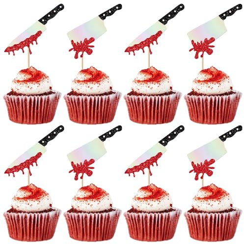 Xsstarmi 24 Pack Blood Knife Cupcake Toppers Glitter Have a Killer Horrible Halloween Cupcake Picks for Happy Birthday Halloween Party Cake Decorations